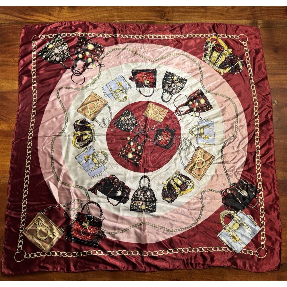 34 x 34” Red Pink Purse Handbag Pattern Print Satin Silk Printed Scarf